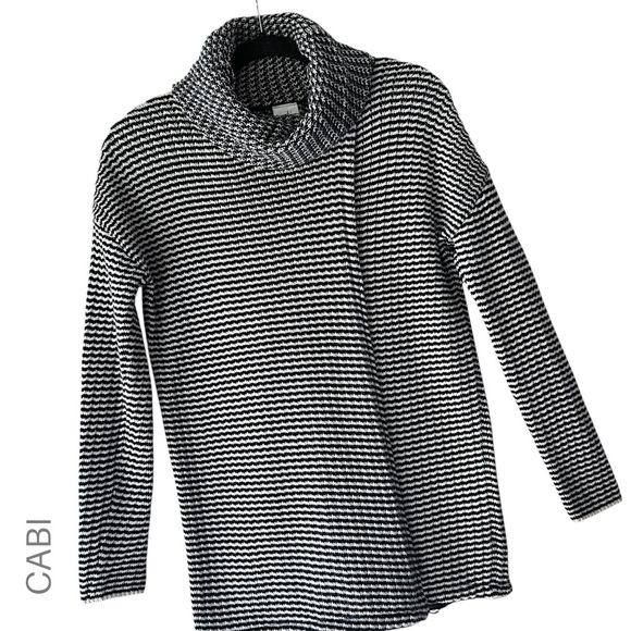 CABI | NWOT FERGIE SPLIT FRONT & BACK COWL NECK COTTON SWEATER BLACK & WHITE SM - Picture 1 of 12